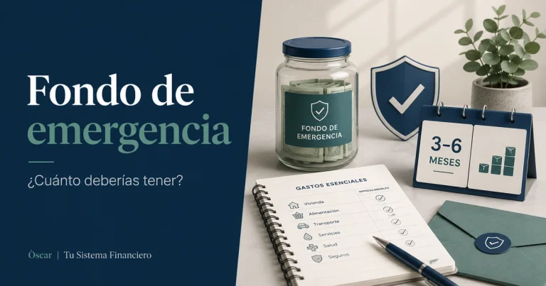 Imagen editorial sobre el fondo de emergencia con una hucha, una libreta de gastos esenciales y la referencia de 3 a 6 meses.